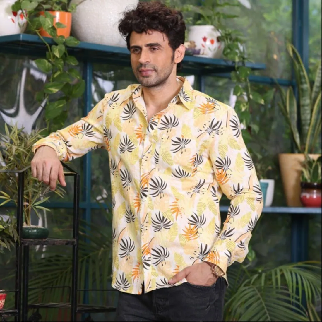 Full sleeves Linen Shirt Printed Lemon Yellow Men